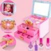 A collage of images showing a child's makeup set, including nail polish, eyeshadow, and brushes, along with a picture of a happy child. Produktbild-Vorschau