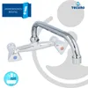 A chrome faucet spout is shown against a white and light gray background with marketing elements. Produktbild-Vorschau