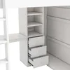 A close-up view of a white loft bed with integrated storage, including shelves and drawers, against a white background. Produktbild-Vorschau