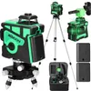 A product shot of a laser level kit, including the laser level device, a tripod, a wall mount, two batteries, and a carrying case. Náhled obrázku produktu