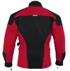 Rote Textil-Motorradjacke, Rückansicht. Mit Protektoren für Arme, Schultern, Brust, Ellbogen und Rücken. Ärmel mit Reiß- und Klettverschluss. 20 cm langer Kombi-Reißverschluss zur Verbindung mit jeder Hose. Produktbild-Vorschau