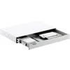 A white under-desk drawer with a small drawer pulled out, containing a phone, pen, and remote. Produktbild-Vorschau