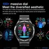 A smartwatch is displayed with various watch faces and health monitoring graphics. Text describes the watch's features. Produktbild-Vorschau