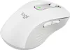 A white Logitech mouse with gray accents is shown from a slightly elevated side angle against a white background. Produktbild-Vorschau