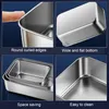 A collage of four images showcasing stainless steel food containers, highlighting their features. Produktbild-Vorschau