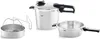A set of stainless steel cookware, including a pressure cooker, a pot, and a steaming insert, arranged on a white background. Produktbild-Vorschau