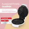 A white waffle maker with heart-shaped plates is open, with marketing text and a test magazine review overlay. Produktbild-Vorschau