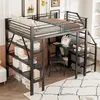 A loft bed with a desk and shelves underneath, set up in a room with artwork on the wall. Náhled obrázku produktu