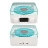 Two views of a white portable speaker designed to look like a vintage record player with a blue, wavy record. Podgląd zdjęcia produktu