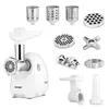 A white meat grinder with various attachments displayed on a white background. Podgląd zdjęcia produktu