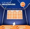 Interior view of a blue gazebo with three orange-paneled windows and marketing text. Produktbild-Vorschau