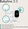 A product image for a baby monitor, showing the camera unit and highlighting features with icons and text. Anteprima dell’immagine prodotto