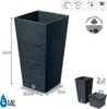 A tall, square planter with a textured surface, shown with dimensions and capacity. Náhľad obrázku produktu