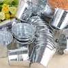 A pile of small, silver, metal buckets with handles. Produktbild-Vorschau