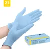 A pair of light blue nitrile gloves on a white background, with a box of gloves in the lower right corner. Produktbild-Vorschau