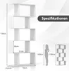 A white bookshelf with dimensions and a silhouette of a person for scale. Produktbild-Vorschau