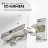 A close-up of a metal hinge attached to a white surface, with German text and graphics describing its features. Produktbild-Vorschau