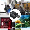 A collage of four images showing different applications of a small water pump, including computer cooling, a small fountain, and aquarium circulation. Produktbild-Vorschau