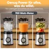 Three blenders are shown side-by-side, each demonstrating a different stage of use: one filled with ice, one with a smoothie, and one with chopped fruits and vegetables. Produktbild-Vorschau