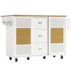 A white kitchen island with a wooden top and gold accents, shown against a white background. Produktbild-Vorschau