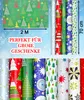 A collage of Christmas-themed wrapping paper rolls with text overlays indicating size and suitability for large gifts. Produktbild-Vorschau