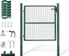 A green metal garden gate and its hardware components are displayed against a white background. Produktbild-Vorschau