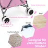 Marketing image showing the wheels of a pink shopping trolley and illustrating its suitability for different terrains. Voir les images du produit
