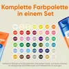 A color palette chart with numbered color swatches and two tubes of paint. The text indicates a complete color palette set. Produktbild-Vorschau