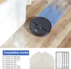 A robot vacuum cleaner is shown on a wooden floor, cleaning up dust. Below the image, there is a list of compatible models and images of replacement parts. Produktbild-Vorschau