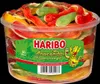 A clear, well-lit studio shot of a large plastic tub filled with Haribo Anaconda gummy candies. Produktbild-Vorschau