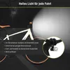 A bicycle with a bright headlight illuminating the scene, with text describing its features. Produktbild-Vorschau