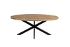 A round wooden dining table with a black metal base, isolated on a white background. Voir les images du produit