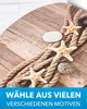 A close-up view of a rope, starfish, and stones on a wooden surface, with a blue overlay at the bottom containing text. Produktbild-Vorschau