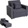 A dark gray sofa bed is shown in two configurations: as a chair and as a partially extended bed. Produktbild-Vorschau