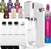 A collection of SodaStream products including a white SodaStream Art machine, multiple flavor bottles, and reusable bottles, along with a CO2 cylinder. Produktbild-Vorschau