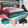 A modern bed with LED lighting and storage. The image is a collage of the bed and close-up feature shots. Produktbild-Vorschau