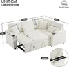 A diagram showing the dimensions of a sectional sofa with a pull-out bed feature. Produktbild-Vorschau