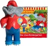 A toy elephant figure stands next to a book cover featuring the same character and children in a zoo kindergarten setting. Produktbild-Vorschau