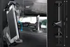 A collage showing a car phone mount attached to a car seat headrest and a diagram of the mount's dimensions. Voir les images du produit