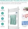 A white electric towel dryer with a towel hanging on it, surrounded by feature icons and text. Voir les images du produit