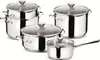 A set of stainless steel pots and pans with glass lids, arranged on a white background. Podgląd zdjęcia produktu