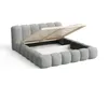A grey upholstered bed frame with the storage compartment open, revealing the wooden slatted base. Voir les images du produit