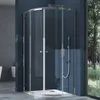A modern shower cabin in a bathroom setting, with a window showing a forest view. Produktbild-Vorschau