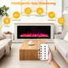 A modern living room with a fireplace and furniture, showcasing smart app control features. Náhľad obrázku produktu
