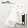 A clear phone case is shown leaning against a phone, with diamonds scattered around. Produktbild-Vorschau
