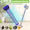 A vacuum cleaner filter is shown prominently with a vacuum cleaner in the background, surrounded by swirling air effects and leaf graphics. Small circular images at the bottom display common household allergens. Produktbild-Vorschau