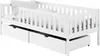 A white children's bed with drawers and a guardrail, shown from a side-diagonal angle. Produktbild-Vorschau