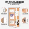 A cork bulletin board with a glass door and aluminum frame, showcasing its features through close-up insets and text descriptions. Anteprima dell’immagine prodotto