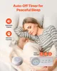 A mother and baby sleeping peacefully, with a white noise machine and timer options displayed. Produktbild-Vorschau