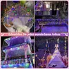 A collage of images showcasing colorful LED string lights used for decoration in various settings, including a hanging chair, a house exterior, and a teepee tent. Produktbild-Vorschau